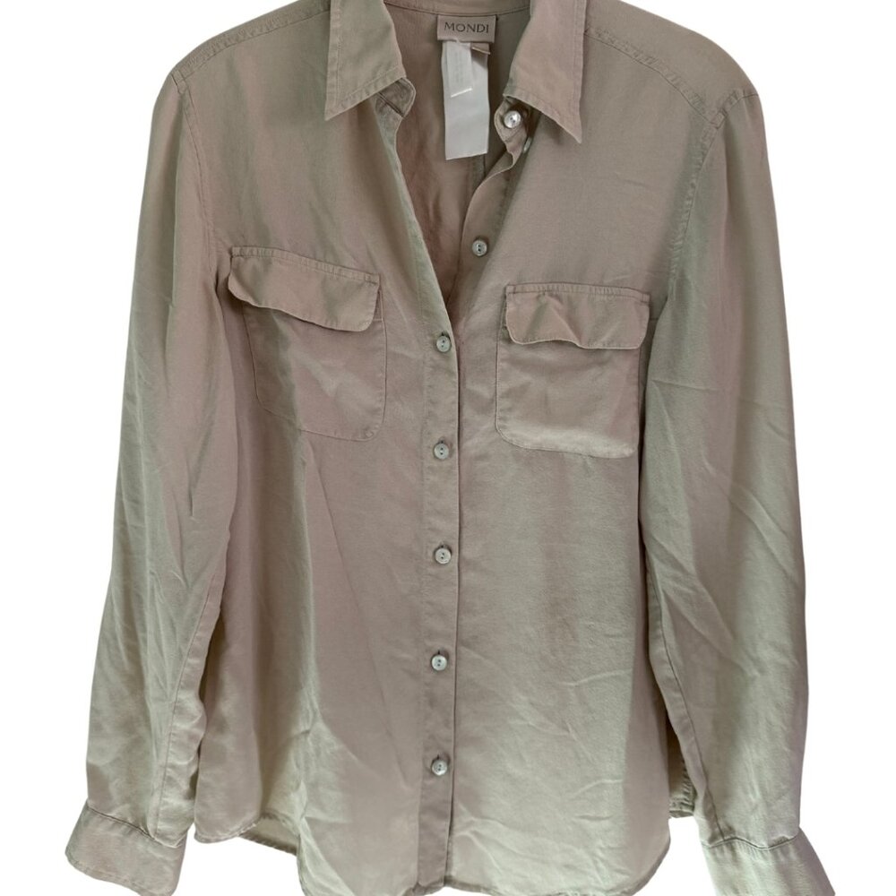 Mondi 100% Silk Button Down Blouse Taupe Beige Long Sleeve Size 36